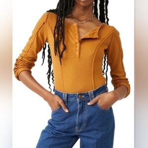 FP Intimately Amber Brown Long Sleeve Henley Bodysuit NWT Small